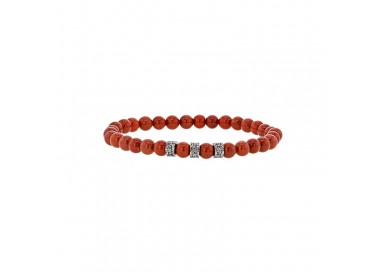 Bracelet boules Jaspe rouge et perles acier ciselé, élastique