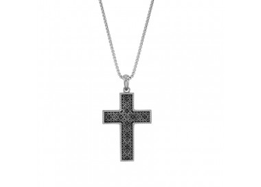 Collier homme grande croix Baroque acier ornée d'oxydes teintés noirs