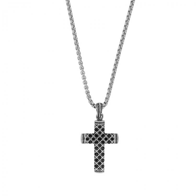 Collier homme petite croix Gothique acier avec 48 oxydes teintés noirs Collier homme petite croix Gothique acier avec 48 oxydes teintés noirs