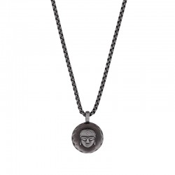 Collier homme en acier vieilli pendentif rond motif bouddha