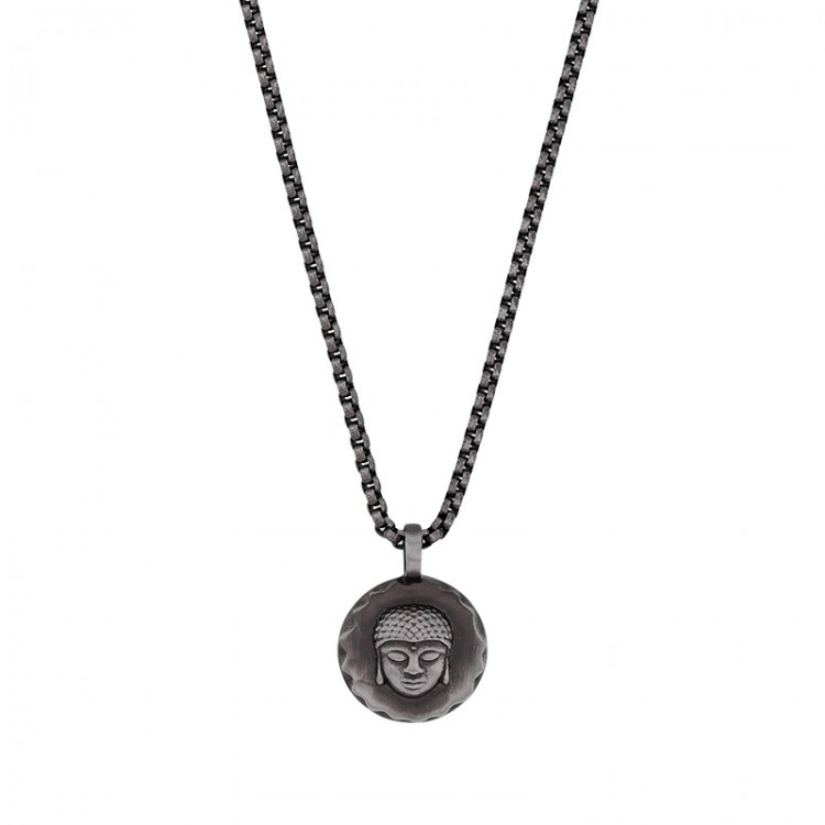 Collier homme en acier vieilli pendentif rond motif bouddha Collier homme en acier vieilli pendentif rond motif bouddha