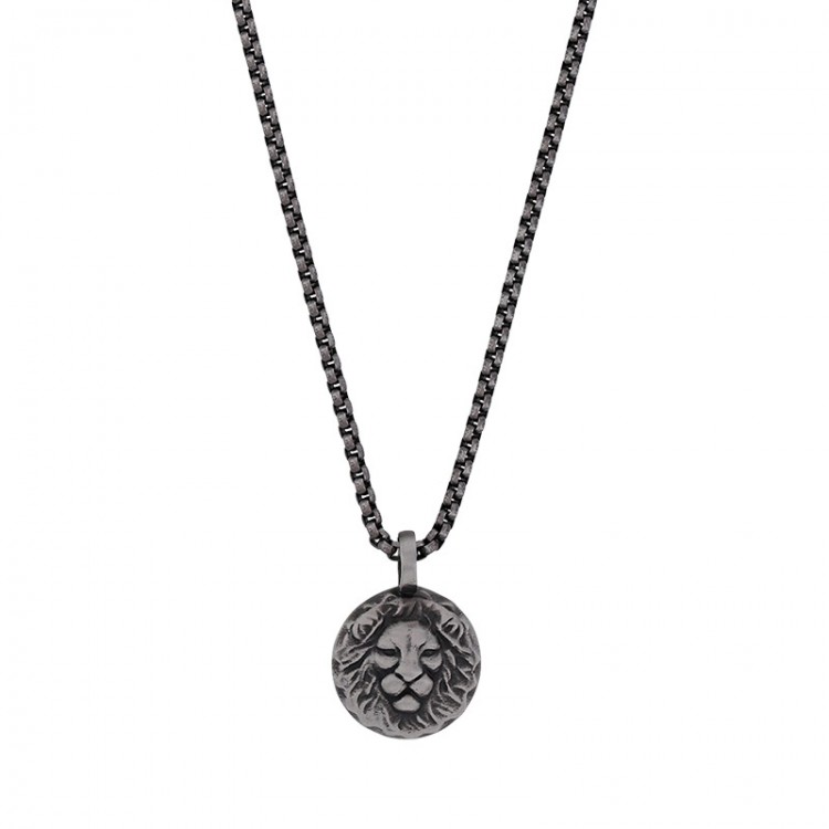 Collier homme en acier vieilli pendentif rond motif lion Collier homme en acier vieilli pendentif rond motif lion