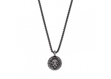 Collier homme en acier vieilli pendentif rond motif lion