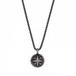 Collier homme en acier vieilli pendentif rond motif étoile Rose des vents