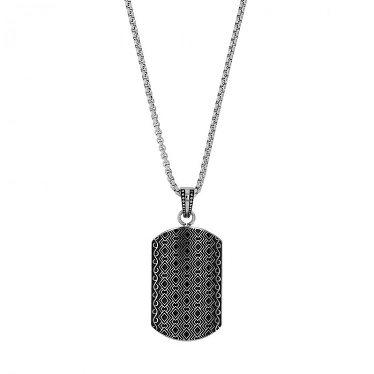 Collier homme plaque acier avec motifs en émail noir Collier homme plaque acier avec motifs en émail noir