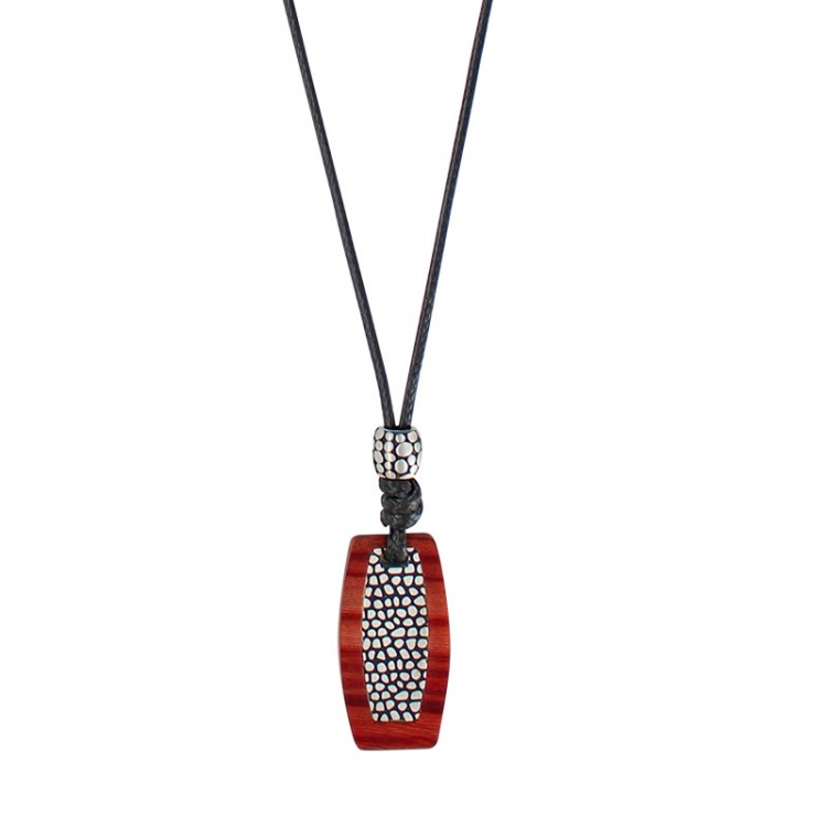 Collier cordon nylon ciré noir réglable avec perle et plaque motif reptile bois et acier Collier cordon nylon ciré noir réglable avec perle et plaque motif reptile bois et acier