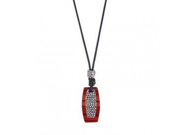 Collier cordon nylon ciré noir réglable avec perle et plaque motif reptile bois et acier