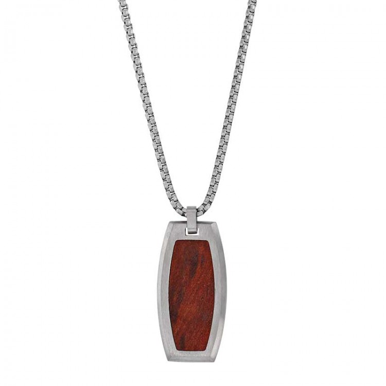 Collier plaque acier lisse et bois, chaîne acier Collier plaque acier lisse et bois, chaîne acier