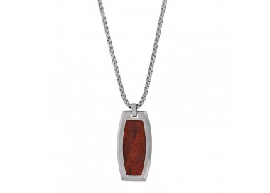 Collier plaque acier lisse et bois, chaîne acier