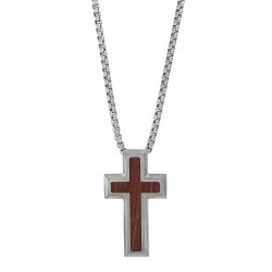 Collier acier homme maille vénitienne pendentif croix acier et bois