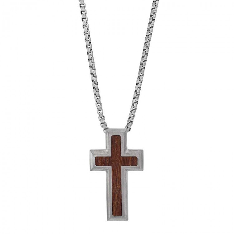 Collier acier homme maille vénitienne pendentif croix acier et bois Collier acier homme maille vénitienne pendentif croix acier et bois