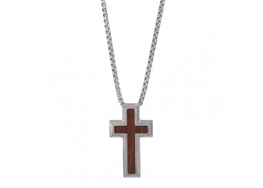 Collier acier homme maille vénitienne pendentif croix acier et bois