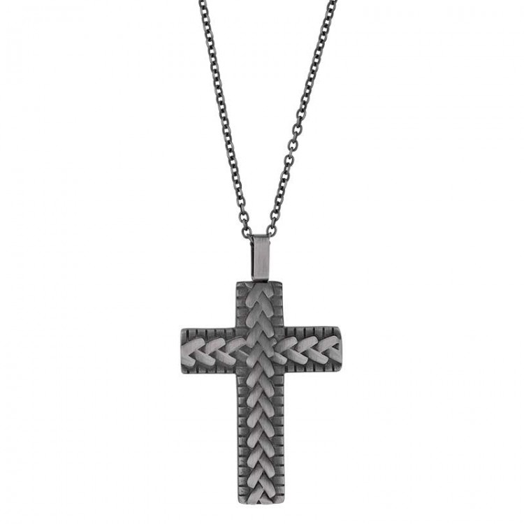 Collier grande croix avec relief en acier patiné Collier grande croix avec relief en acier patiné