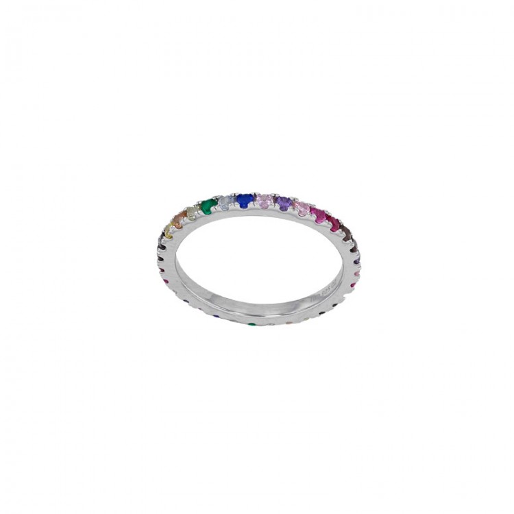 Bague fine en argent rhodié avec des oxydes de couleurs sertis griffes