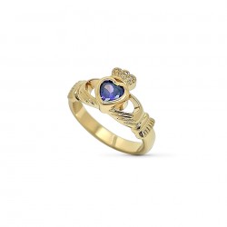 Bague en plaqué Or deux mains et son cœur serti d'un cristal bleu saphir