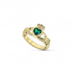 Bague plaqué or main coeur couronne cristal émeraude