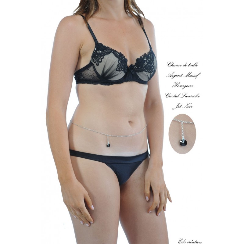 Chaine de taille argent Hexagone jet noir Chaine de taille argent Hexagone jet noir