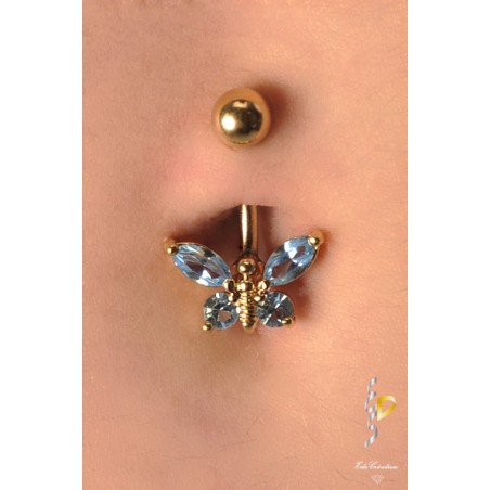 Piercing nombril Papillon Doré Cristal Aquamarine