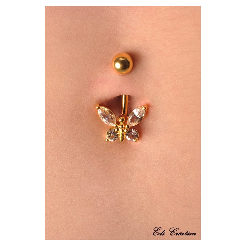 Piercing nombril Papillon Doré Cristal