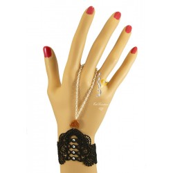 Chaine de main Argent coeur sable Or Dentelle Strass noir