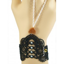 Chaine de main Argent coeur sable Or Dentelle Strass noir