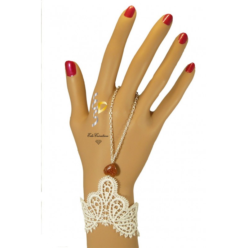 Chaine de main Argent coeur sable Or Dentelle Blanche